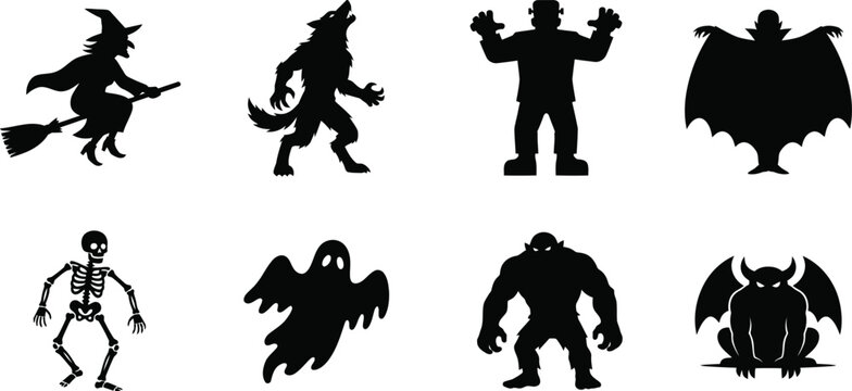 halloween monster silhouettes on white background