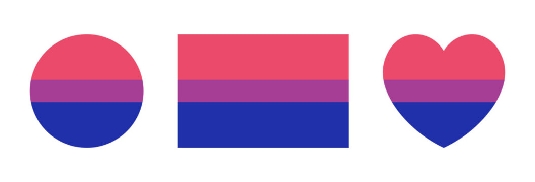 Bisexual flag sticker, icon in heart, circle, rectangle shape. Bisexuality symbol movement lgbt heart, round, rectangular button, badge set. Design element of sexual minorities.