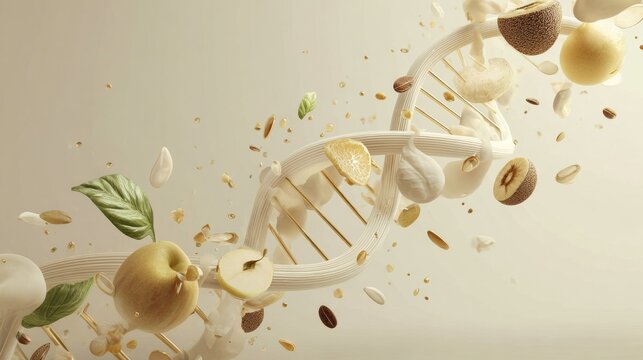 nutrigenomics concept, elegant DNA helix intertwined with organic food elements