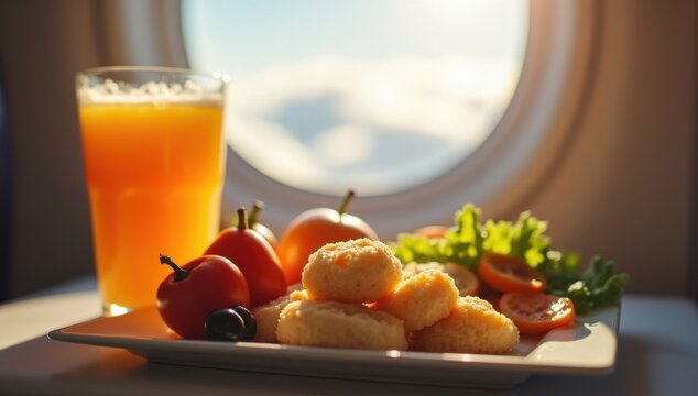 Comida saludable a bordo con zumo de naranja, servida junto a la ventanilla del avi&oacute;n