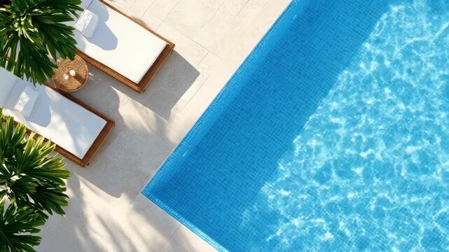 Sunny poolside oasis with lounge chairs and tropical foliage