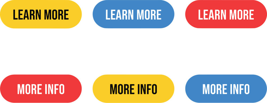 Learn More and More Info Button Icon Set in Yellow, Blue, Red, and Orange Colors for Web and Digital Interaction.
