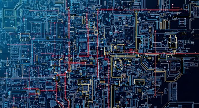 Complex Circuit Board Network with Colorful Traces and Chips