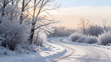 Obraz premium Snowy winding road with frosty trees