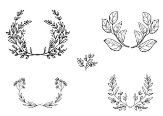 Spring herbs and twigs in a floral wreath, hand-drawn sketch. Vector illustration. Set of round flower frames with flowers and leaves, isolated on a white background. Not Ai © Vladimir