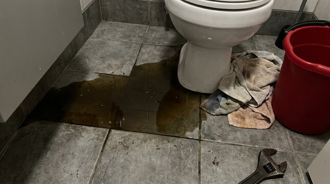 Vaso sanit&aacute;rio vazando &aacute;gua suja no ch&atilde;o do banheiro. Emerg&ecirc;ncia de encanamento, reparo e conceito de danos materiais com ferramentas e balde