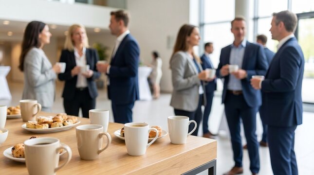 Coffee break at a business conference. Close-up of coffee cups and pastries on a catering table with a blurred background of corporate professionals networking in a modern office lobby