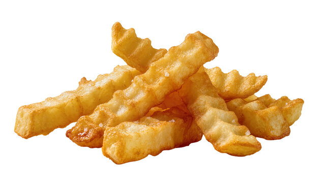 Golden crispy crinkle-cut french fries pile, isolated on transparent background