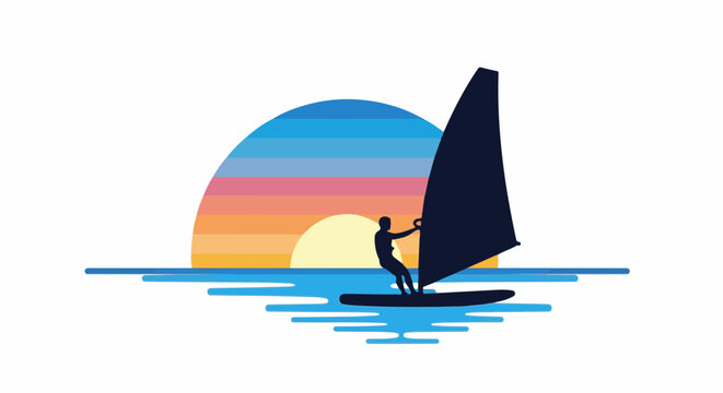 Silhouette of a windsurfer against a colorful sunset over the ocean