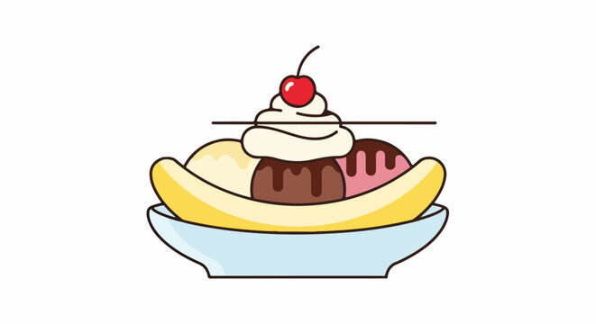 A stylized illustration of a banana split dessert with ice cream scoops and cherry
