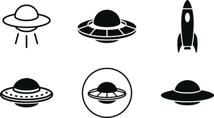 Set of UFO and rocket icons for space exploration, science fiction, and extraterrestrial themes © Rashidul