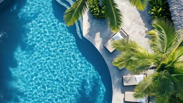 Aerial view of luxury poolside with vibrant blue water and palm trees