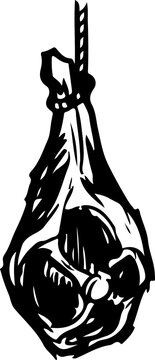 Hanging Leg of Ham on Meat Hook Black and White Vector Illustration