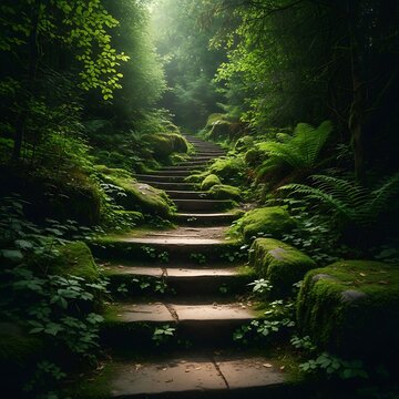 Stairway in green forest landscape