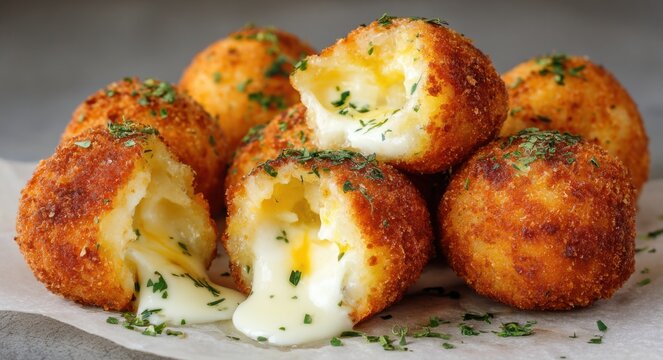 Cheesy mozzarella stuffed potato balls with crispy golden brown crust and gooey melted cheese inside served on a white plate