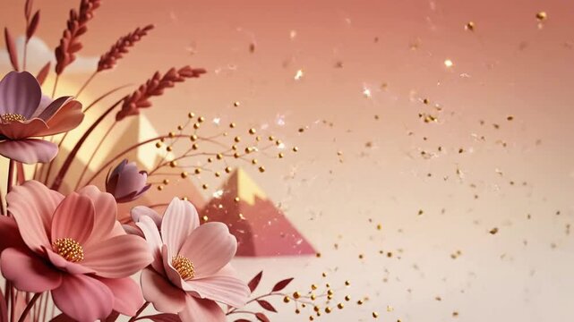 3 d abstract floral background, with floating golden, particles and geometric, mountains, soft pink motion