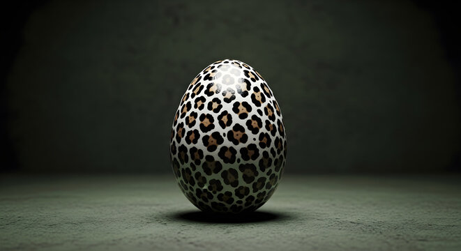 A large leopard egg sits alone on gray surface indoors.