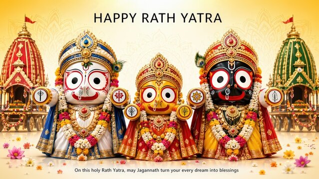 Happy Rath Yatra festival greeting showcasing three deities Lord Jagannath Balabhadra and Subhadra with ornate chariots in the background and floral accents