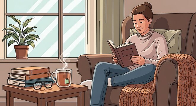 Cozy Reading Scene with Woman Relaxing in Armchair