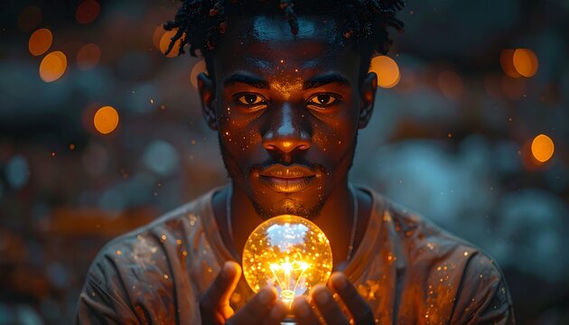 Mystical man holding glowing orb, radiating light and wonder.