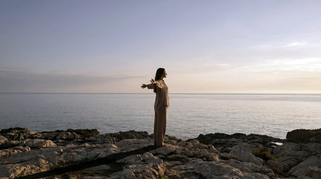 Serene young woman standing on a rocky coastal cliff with arms wide open, embracing the tranquil ocean breeze at golden hour sunrise, soft warm lighting over calm blue waters and horizon lin