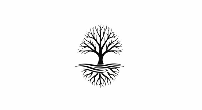 Stylized black tree with elaborate roots and branching structure