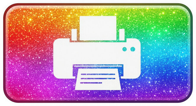 White printer icon on a colorful rainbow glitter background isolated on transparent background