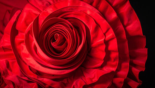 Macro photography of a deep crimson red flamenco dancer's skirt with dynamic ruffles and elegant silk texture background