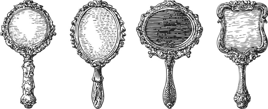 Vintage hand mirror set with ornate carved handles and decorative frames engraving illustration