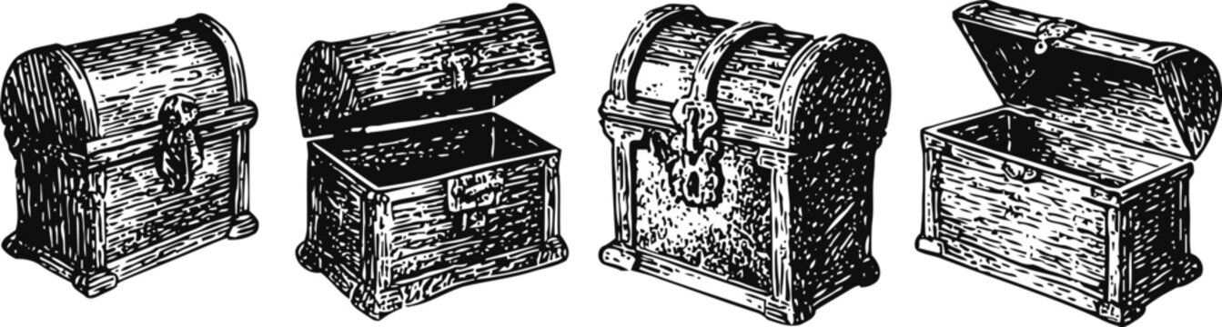 Vintage treasure chests collection hand drawn antique wooden trunks with metal locks, classic pirate storage containers illustrations