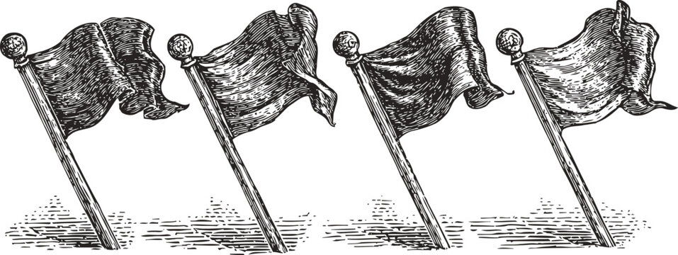 vintage waving flag illustrations hand drawn flagpole banners fluttering in the wind with detailed sketch shading