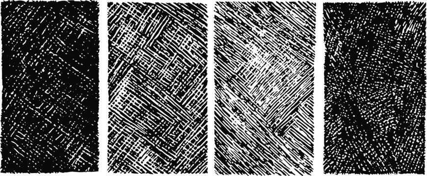 Set of vintage engraved wood textures with crosshatch and scratch patterns in black and white