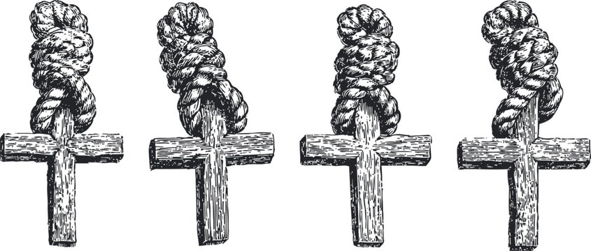 wooden cross with rope noose hand drawn noose hanging on rustic wooden cross, vintage black and white sketch, antique religious symbol