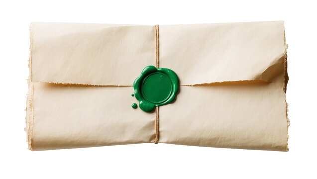 Brown paper package tied with twine and sealed with a green wax stamp, isolated on transparent background