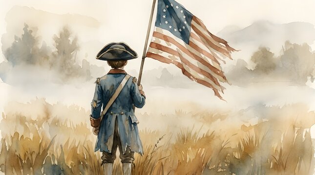 Patriotic colonial soldier holding a tattered vintage american flag image.