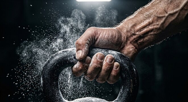 Ultra-realistic close-up of a chalked athlete hand gripping a kettlebell with flying dust, fitness motivation.
