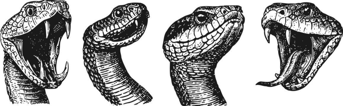 detailed snake head illustrations with open mouth, fangs and textured scales in vintage engraving