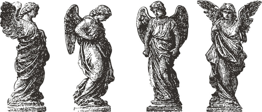 vintage angel statues set four detailed winged angel figures in classical robes, ornamental religious sculptures, ornamental carving