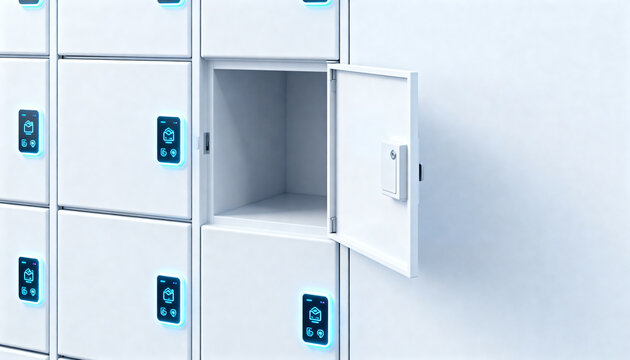 futuristic smart locker system for parcels featuring a better matte neutral color with glowing digital touchpads and one open locker for mockup design