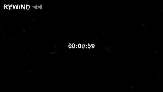 Vintage VHS Rewind Effect with Glitch and Static Overlay on Black Screen Retro Video Tape Playback Countdown Animation