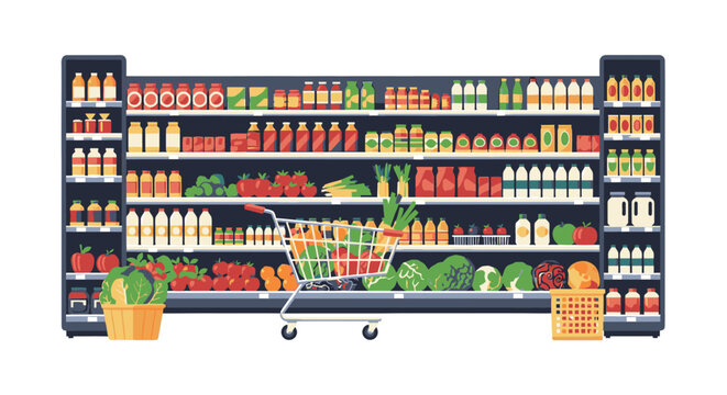 Grocery store aisle with shelves full of products and a shopping cart filled with fresh food