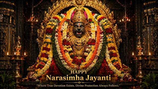 Imposing Lord Narasimha with a fierce lion face and dark adorned with elaborate floral garlands and golden ornaments in a temple setting