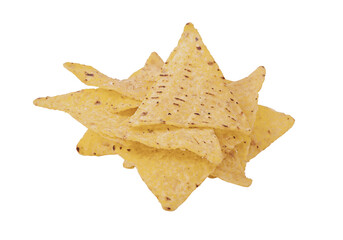 Fototapeta premium Stack of crispy yellow tortilla chips, corn chips snack isolated on transparent background PNG