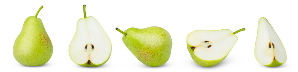 Juicy green organic pears isolated with shadow. Green fresh pear and cut in a half and a slice of ripe pear isolate collection, set. © Oleh