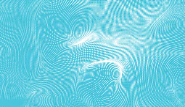 Abstract blue background with flowing white dot patterns creating a digital wave effect.