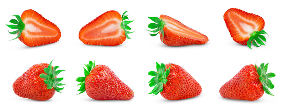 Strawberrie side view isolated. Strawberries with green leaf isolate. Whole and half of strawberry on white. Strawberries collection isolate.