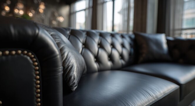 Modern living room featuring a plush black leather sofa with tufted design and silver nailhead accents