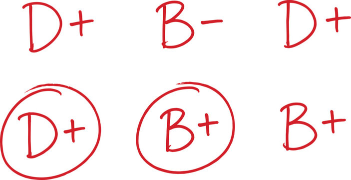 Hand-drawn letter grade symbols (D+, B-, B+) with circles for educational evaluation and grading systems