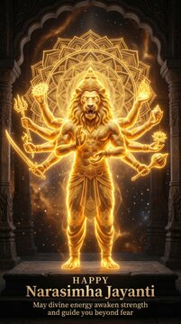 Radiant golden multi-armed deity Narasimha with a mandala and divine standing in an ancient temple setting, celebrating Narasimha Jayanti