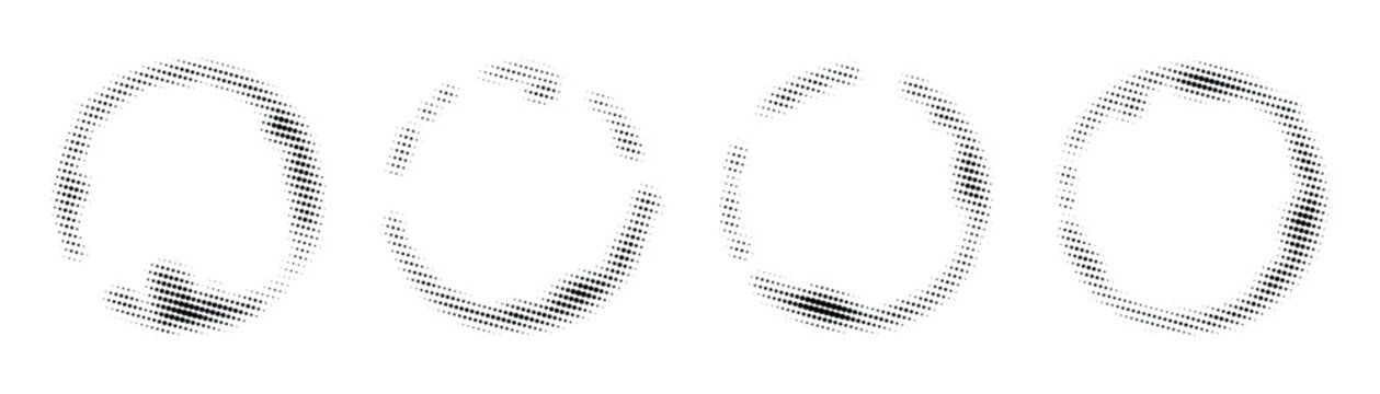 Abstract halftone dotted circles and rings forming a sequence. Vector graphic design elements.